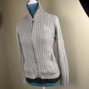 Lauren Ralph Lauren Women S Cable Knit Zip Cardigan Sweater in Silver gray